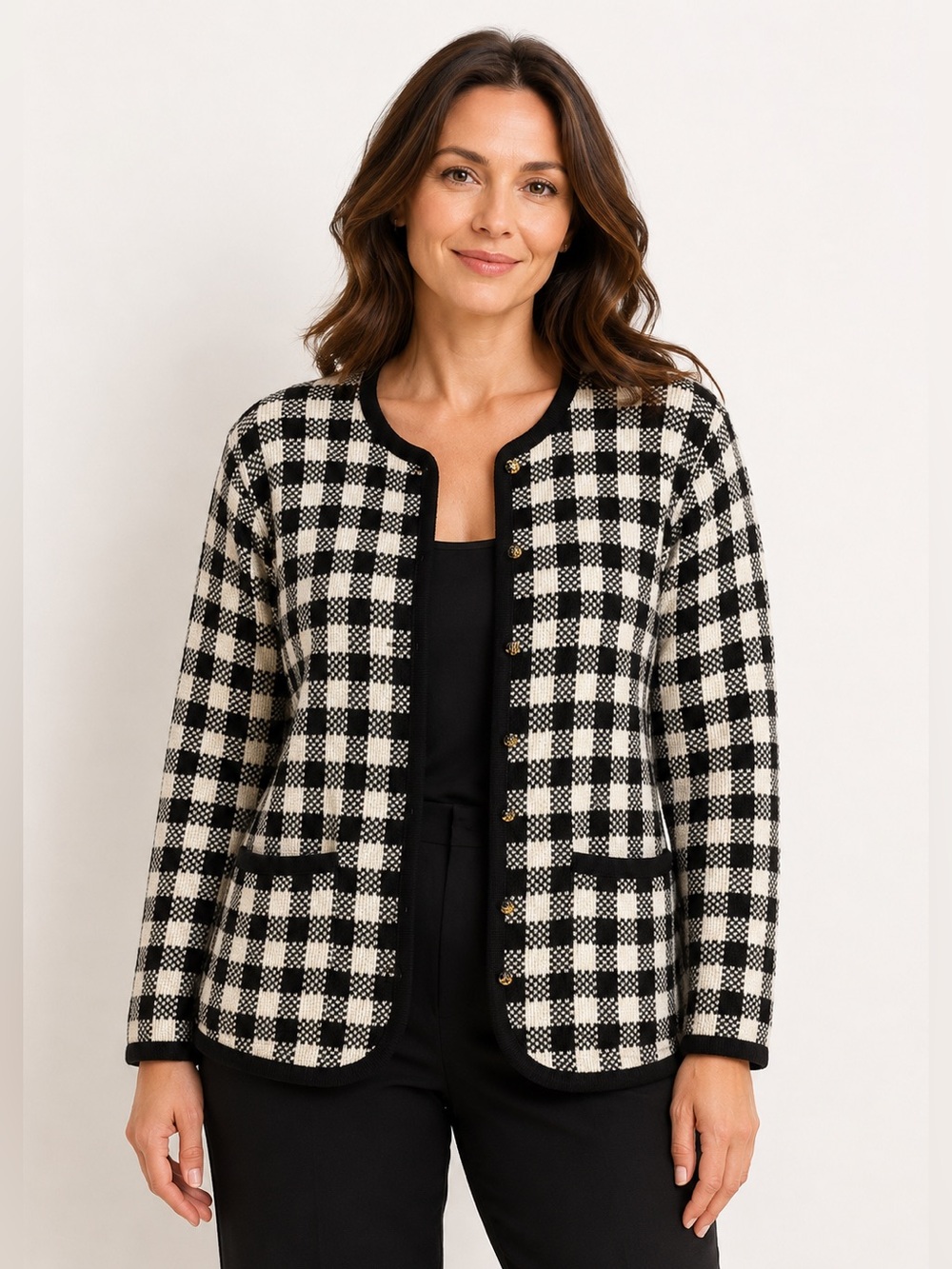 Liz Baker Vintage Buffalo Plaid Cardigan Sweater Black White Gold Buttons Large